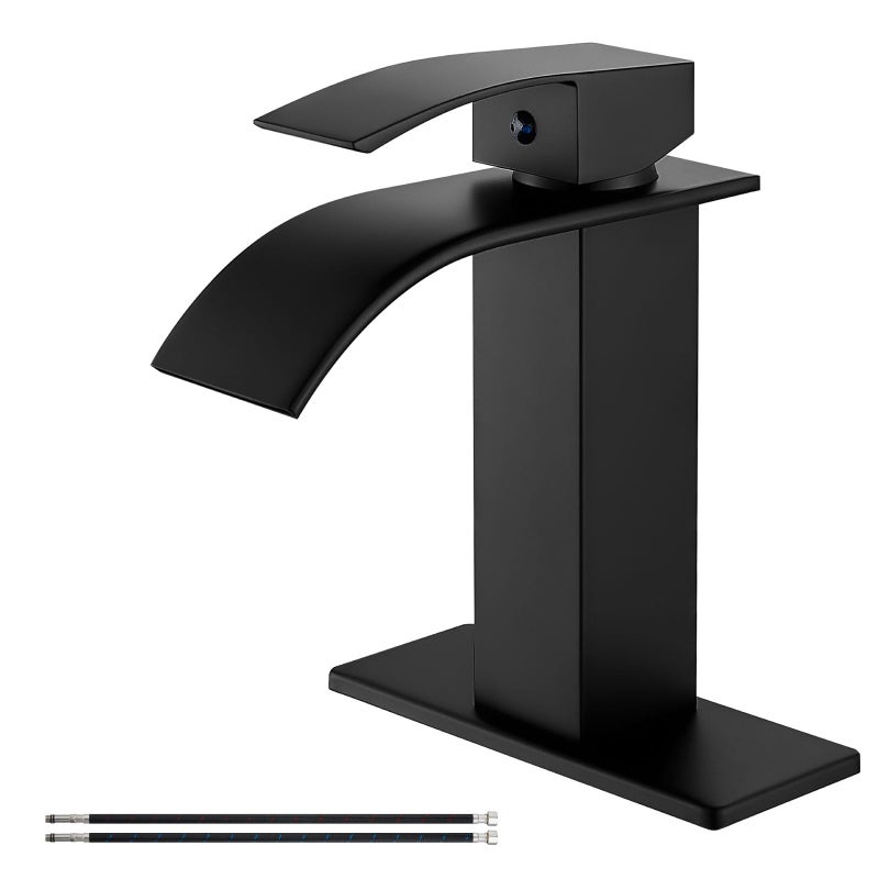 Airuida Matte Black Waterfall Bathroom Faucet, Single Handle Single Hole Bathroom Sink Faucet Deck Mount Mixer Tap with Deck Plate, Rv Lavatory Vanity Washbasin Faucet - Image 1